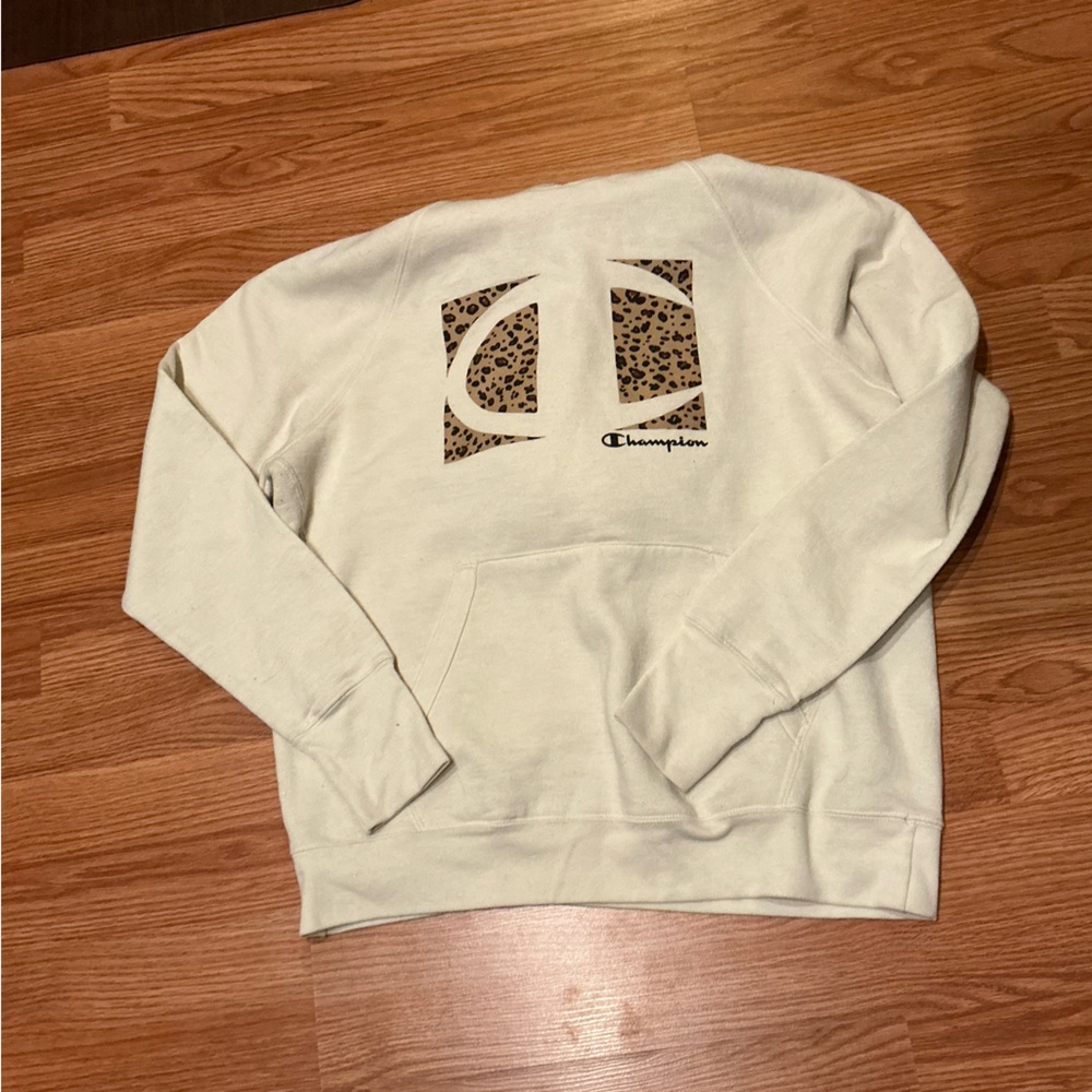 Champion Off-White Hoodie with Leopard Accents
